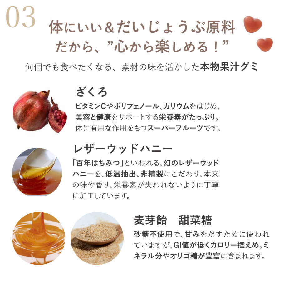 ざくろ果汁とレザーウッドハニー、麦芽飴や甜菜糖など、素材にこだわって作られた無添加グミの原材料紹介。